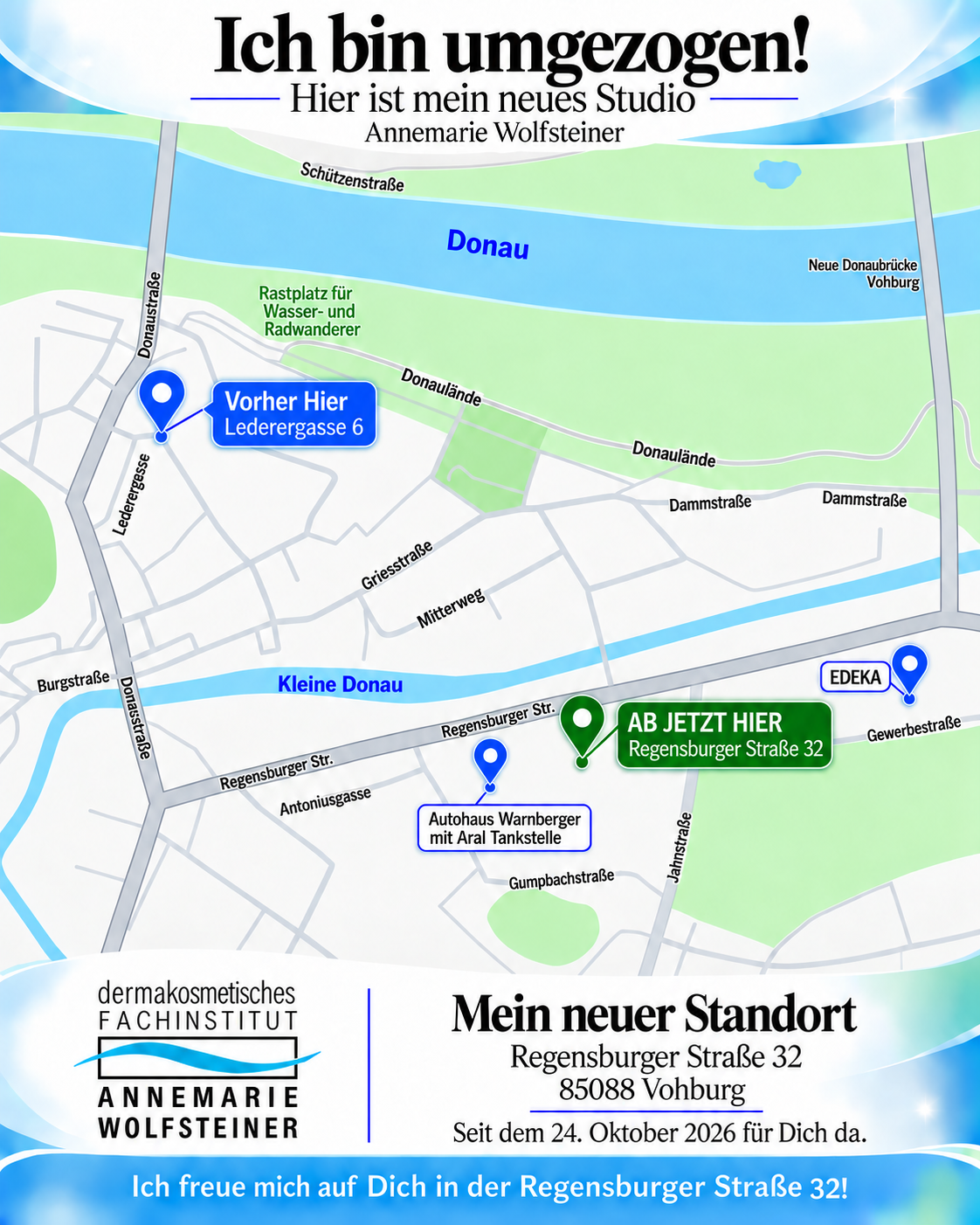 Lageplan zum neuen Standort Regensburger Straße 32 in Vohburg; vorheriger Standort blau markiert