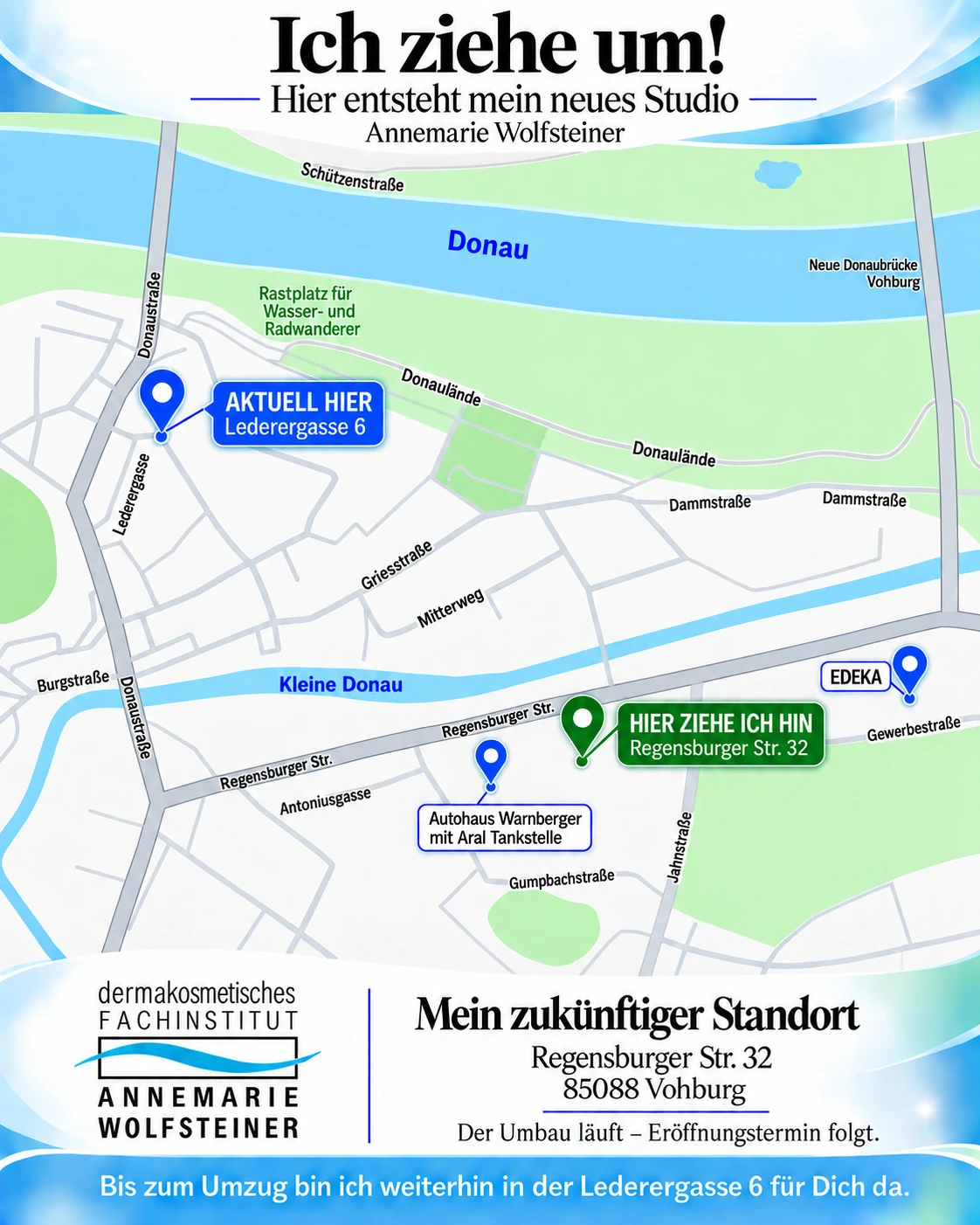 Lageplan Vohburg: bisher Lederergasse 6, neuer Standort Regensburger Straße 32, nahe Autohaus Warnberger mit Aral-Tankstelle und EDEKA